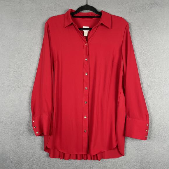 Chicos Shirt Womens 2 Red Pleated Back Tunic Button Front Long Sleeve Blouse - Picture 1 of 9